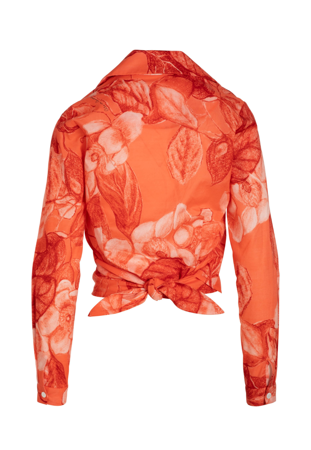 Bright red floral cotton wrap top with adjustable tie front back view