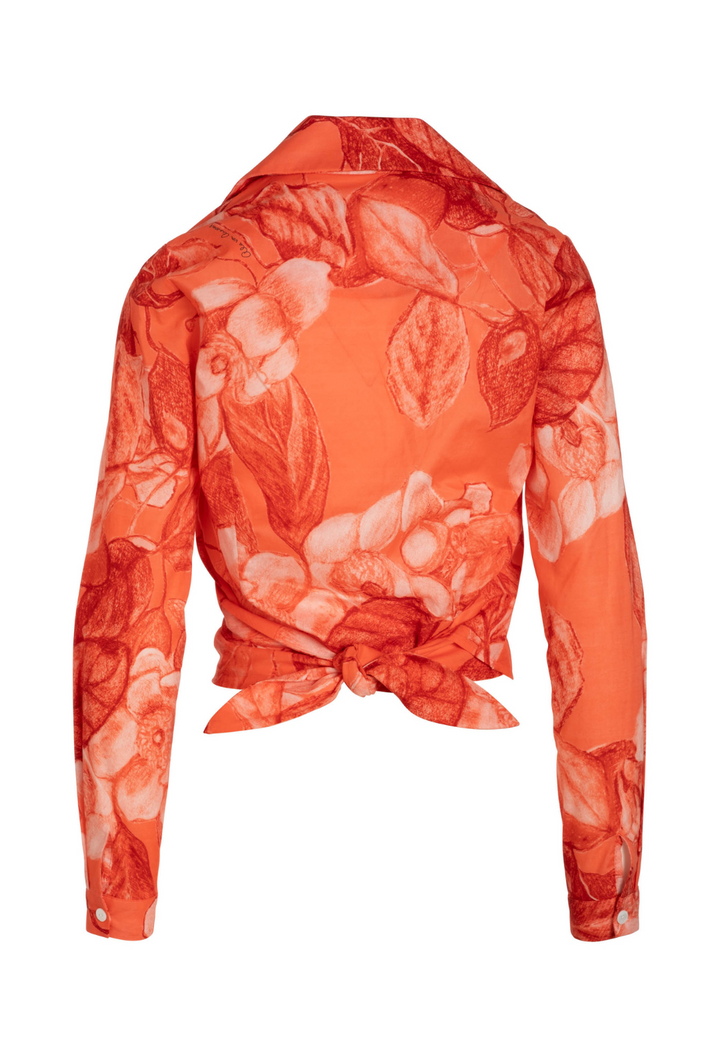 Bright red floral cotton wrap top with adjustable tie front back view