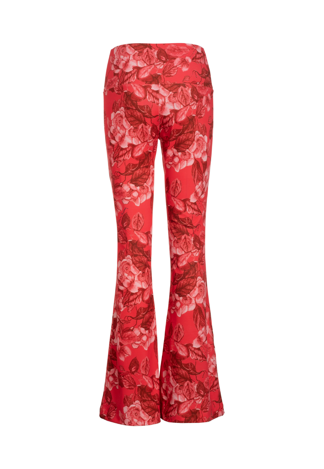 Bright red floral stretch knit flare pants in Coral Grandiflora