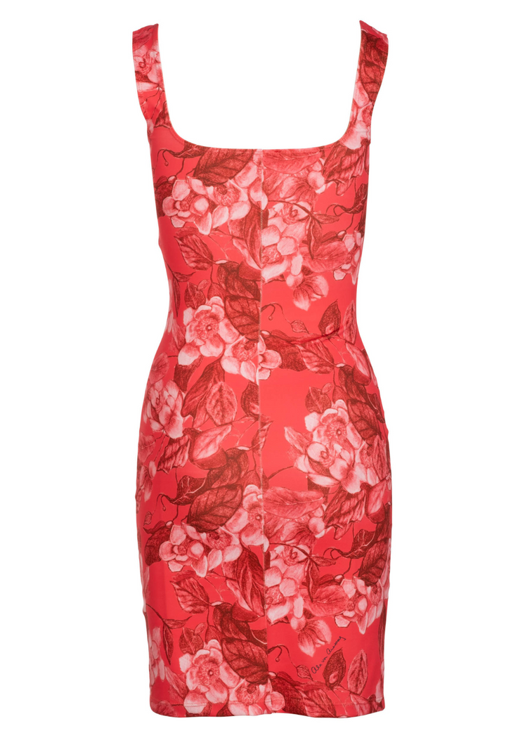 Bright red floral stretch knit mini dress in Coral Grandiflora