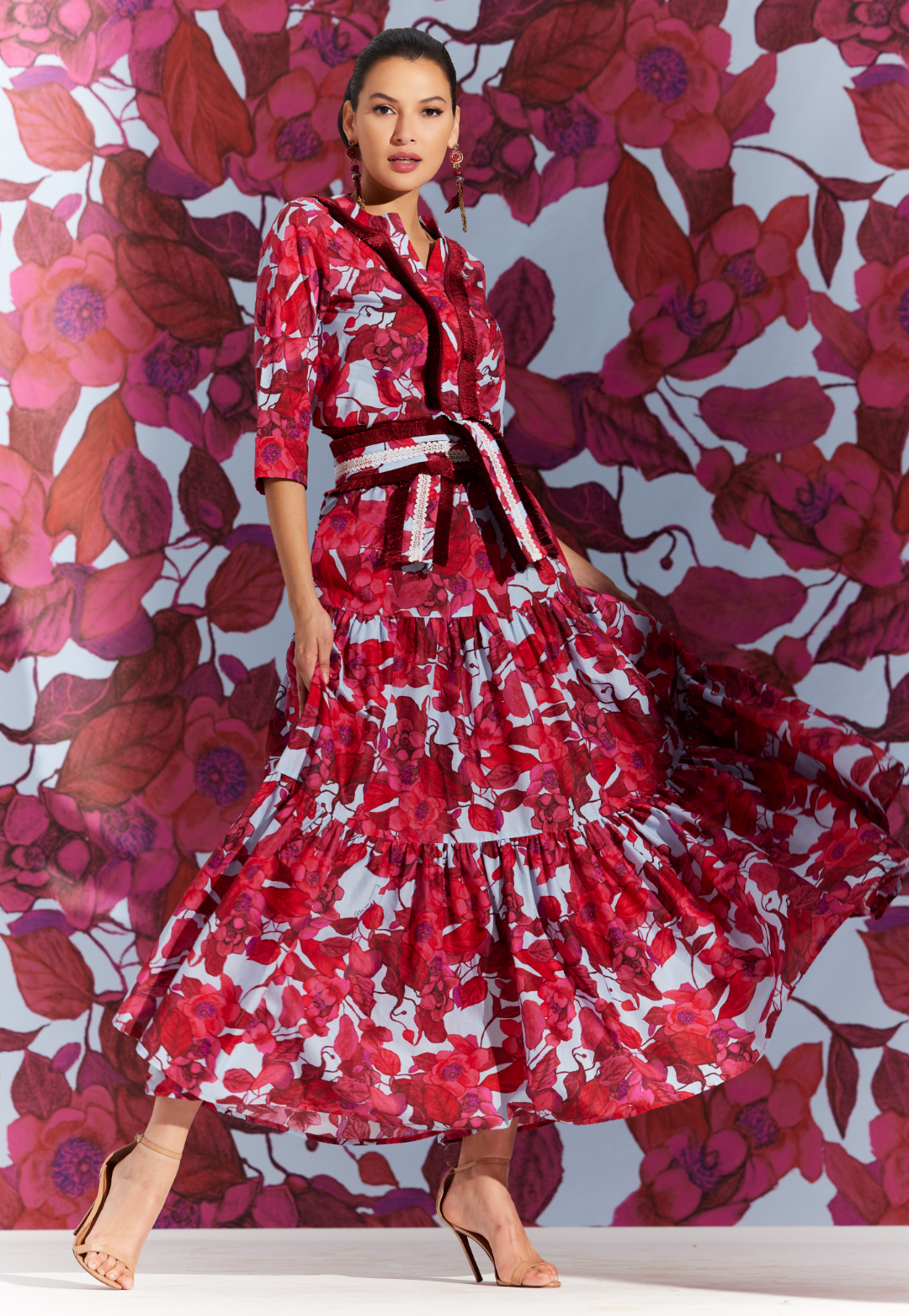 Woman wearing Carol Raspberry Grandiflora cotton voile maxi skirt
