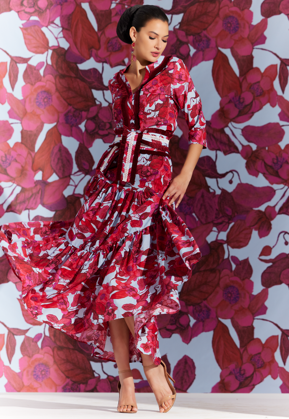 Carol red floral cotton maxi skirt with tiered silhouette