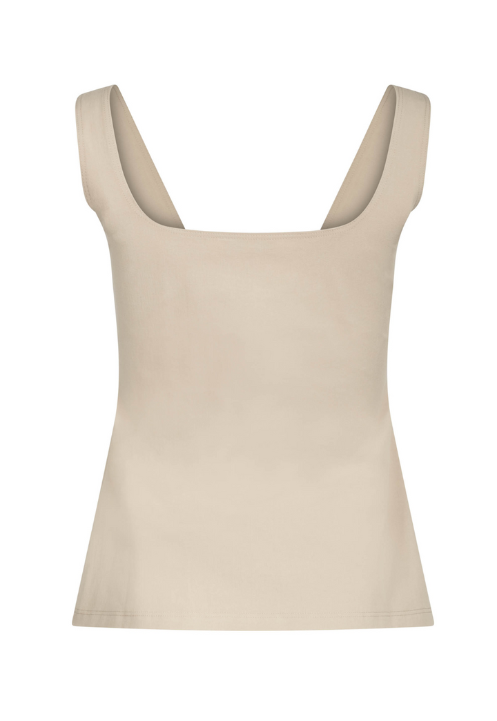 Khaki sleeveless cotton tank top with square scoop neckline on white background