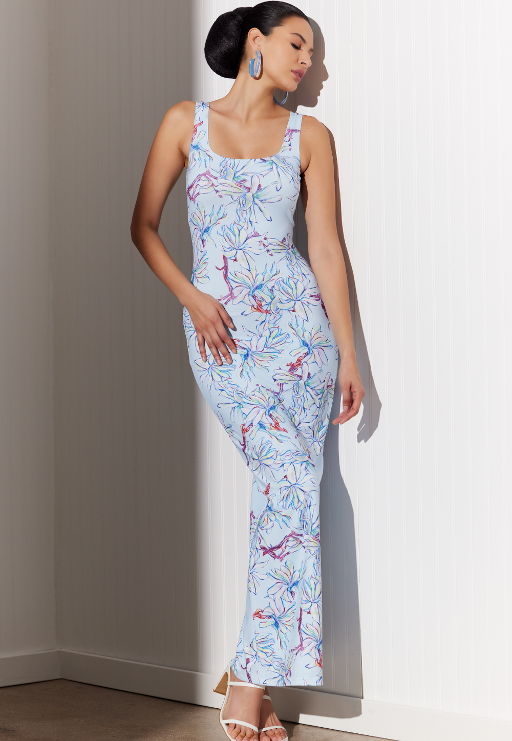 Caterina blue floral stretch knit maxi dress in Magnolia