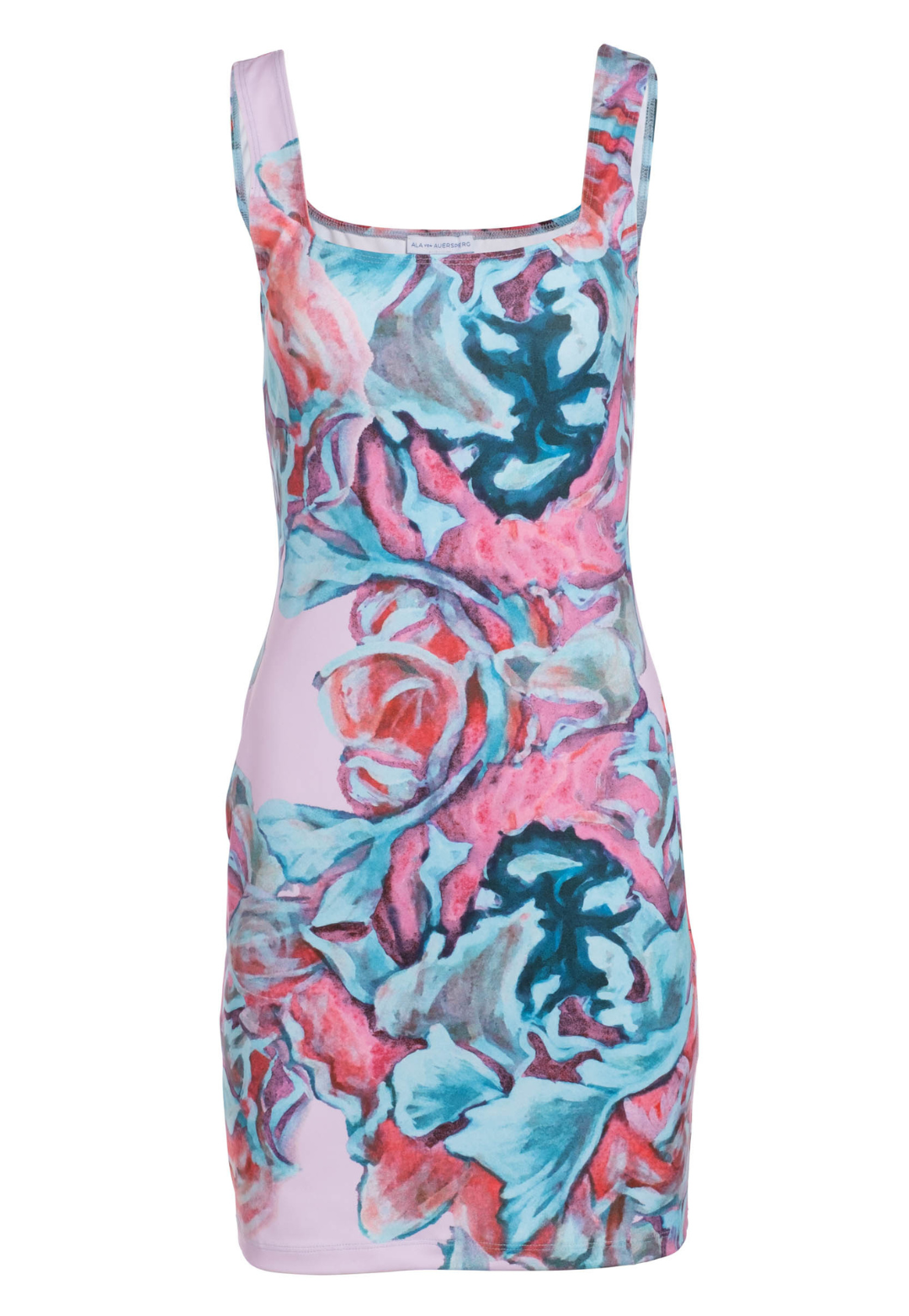 Caterina pink floral stretch knit mini dress with square scoop neckline