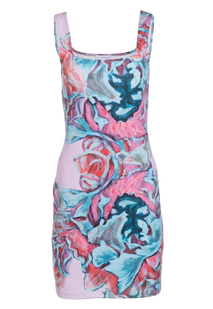 Caterina pink floral stretch knit mini dress with square scoop neckline