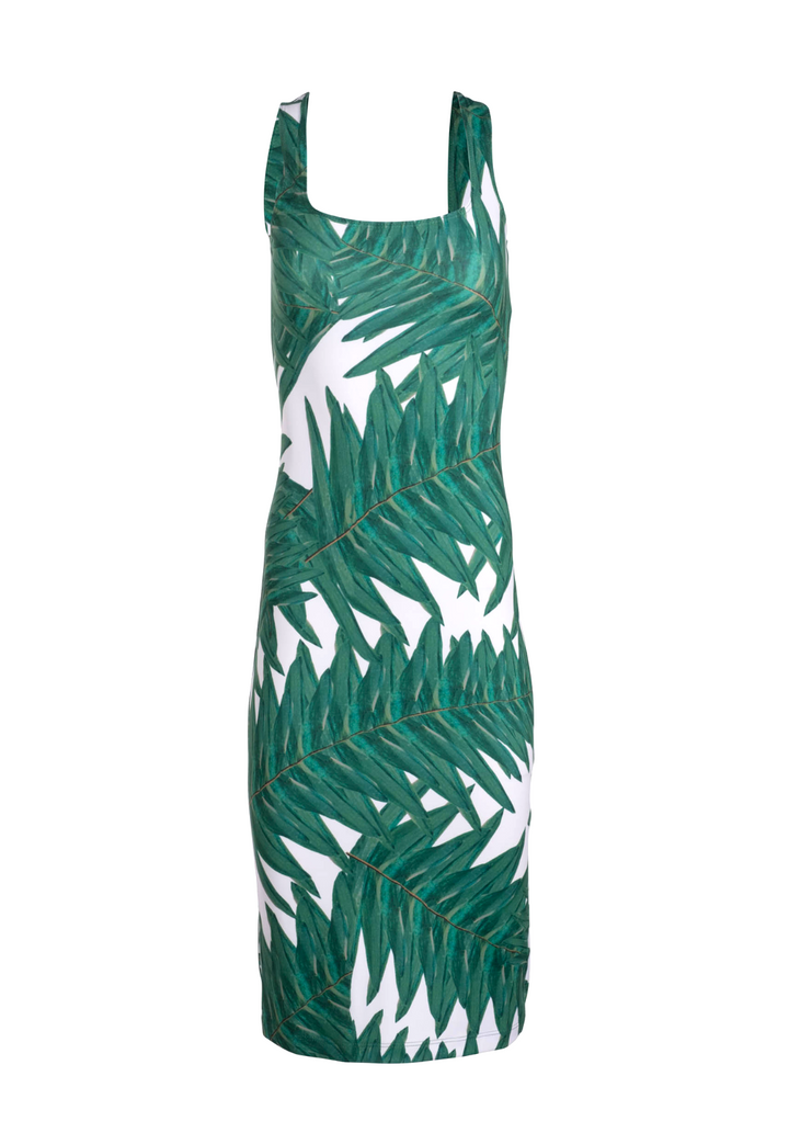 Short green palm leaf printed stretch knit dress by Ala von Auersperg