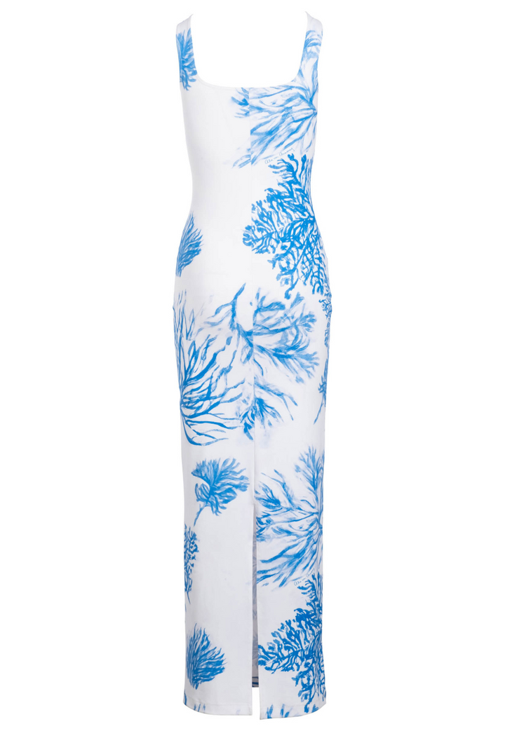 Caterina Long stretch knit dress featuring blue and white sea fan artwork