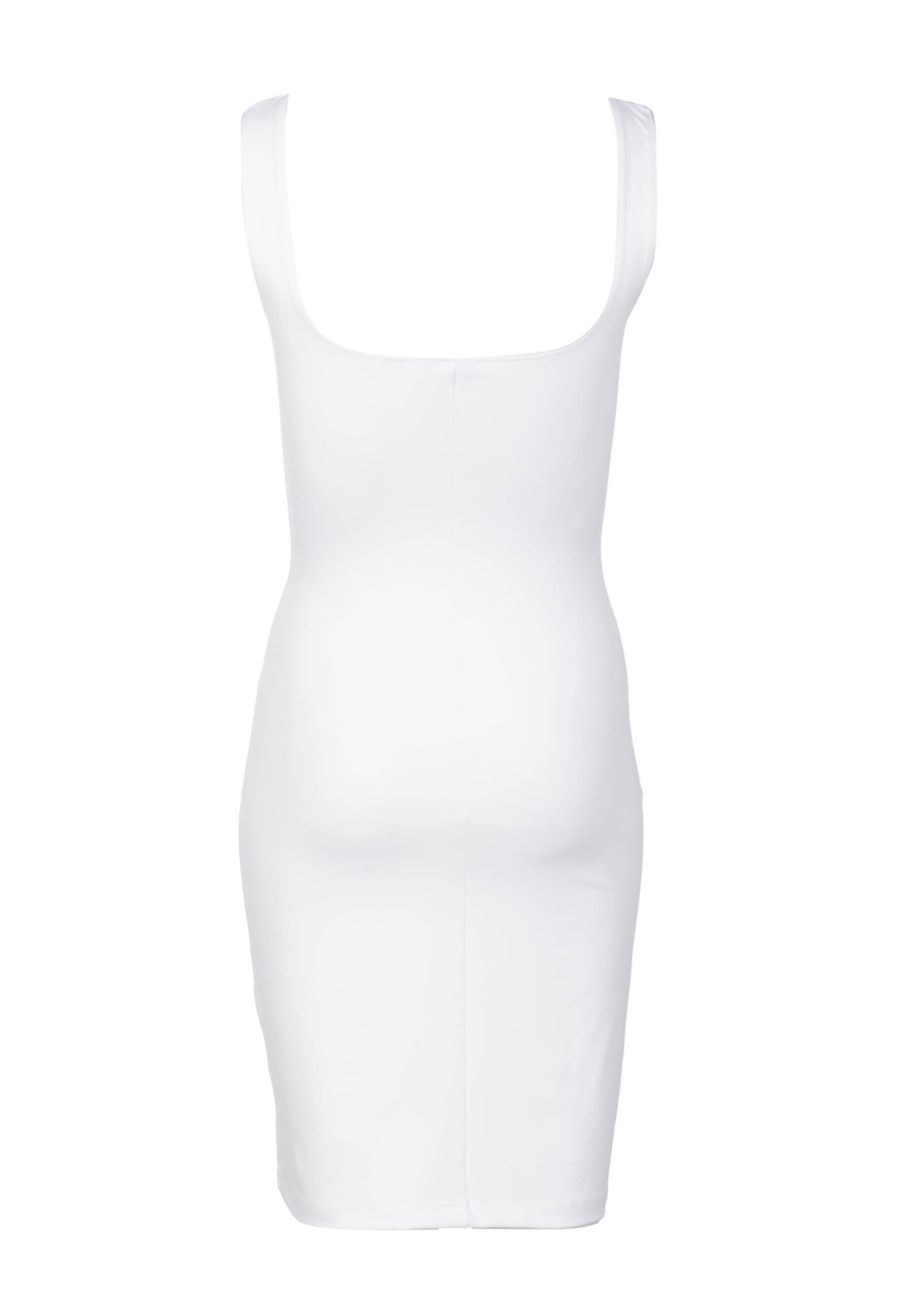 White sleeveless stretch knit mini dress by Ala von Auersperg