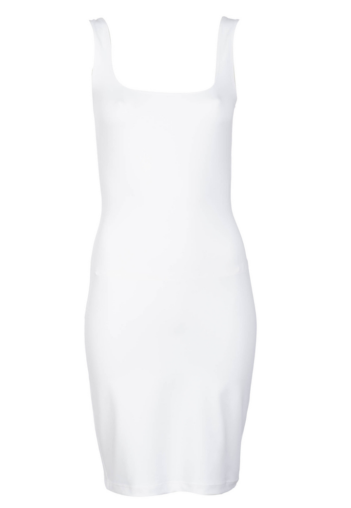 Caterina white stretch knit dress with square scoop neckline