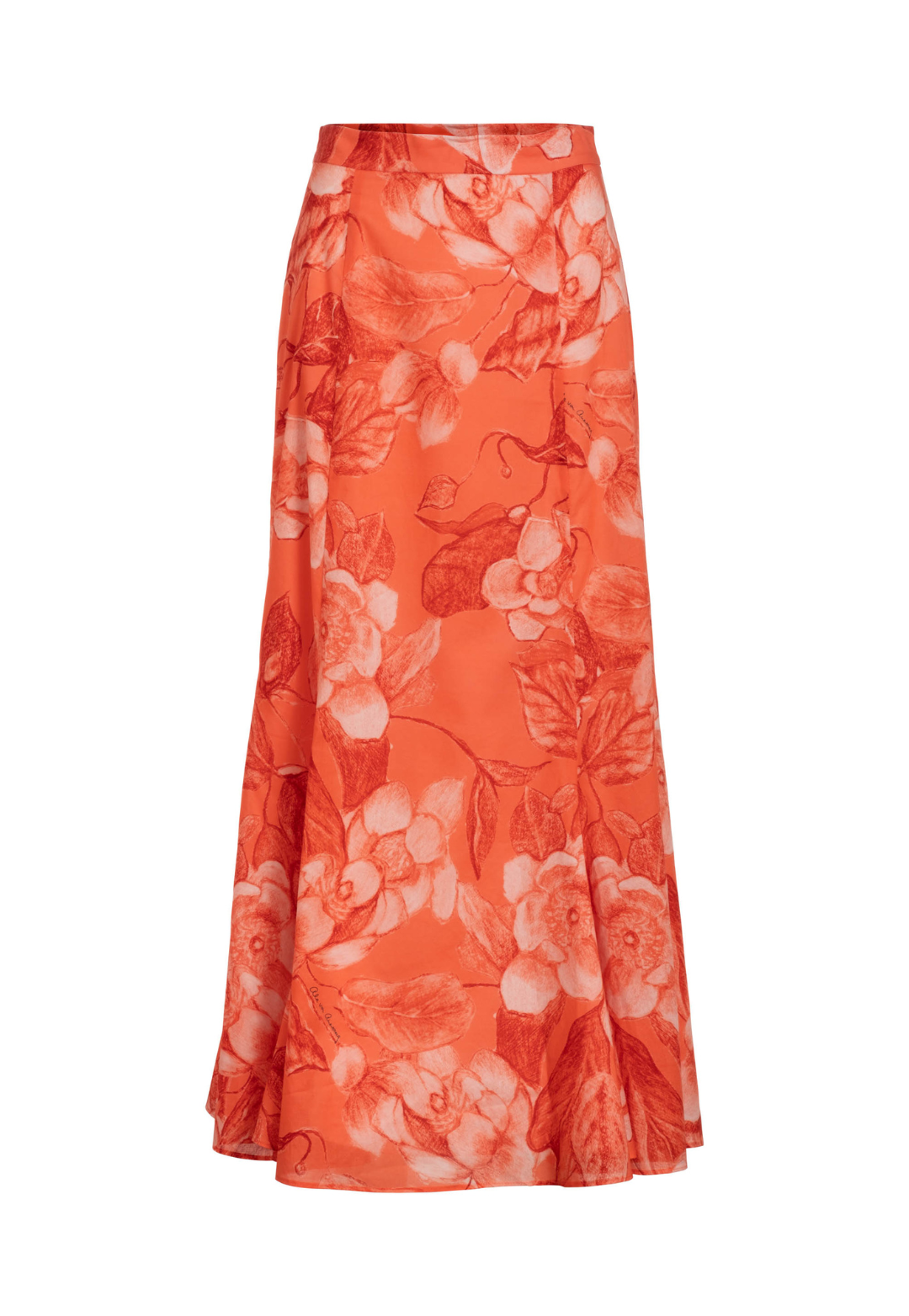 Coral Grandiflora bright red floral cotton voile midi skirt