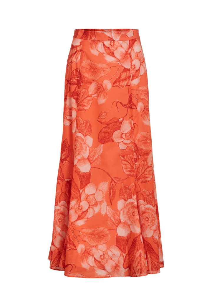 Coral Grandiflora bright red floral cotton voile midi skirt