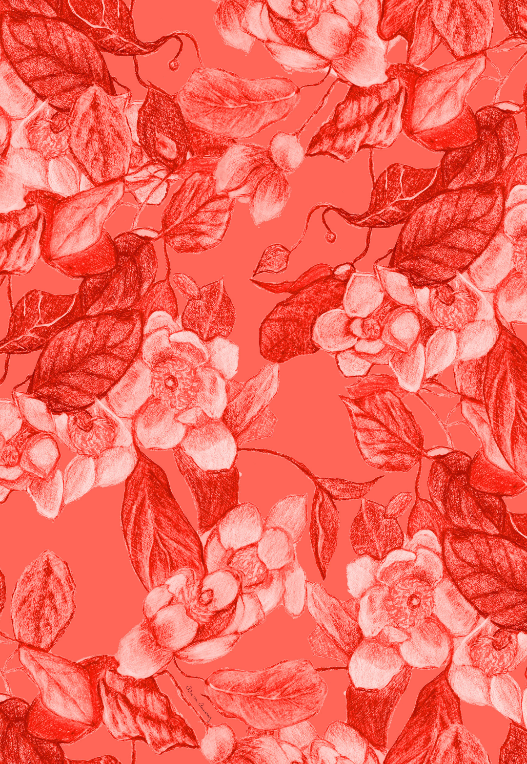 coral grandiflora bright red floral print painted by Ala von Auersperg