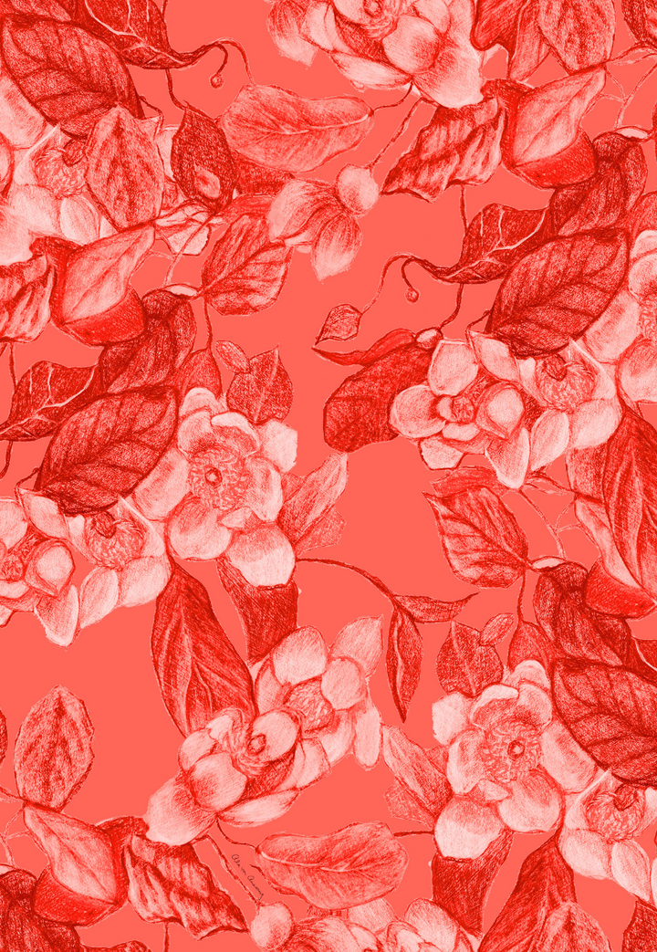 coral grandiflora bright red floral print painted by Ala von Auersperg