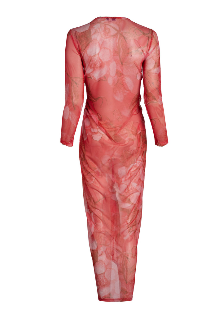 Coral Grandiflora bright red floral sheer mesh dress back view