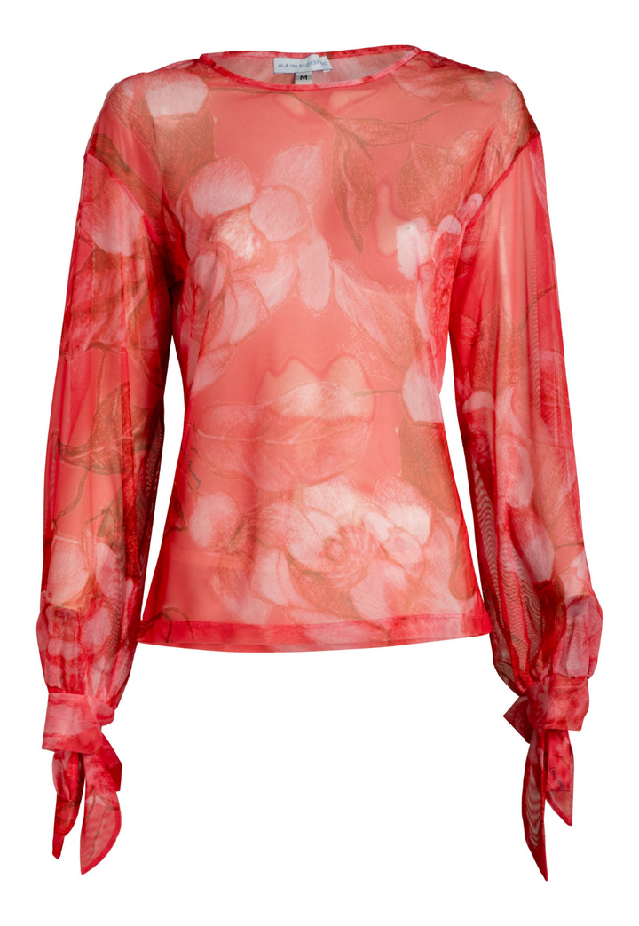 Coral Grandiflora sheer mesh T-shirt with adjustable tie cuffs