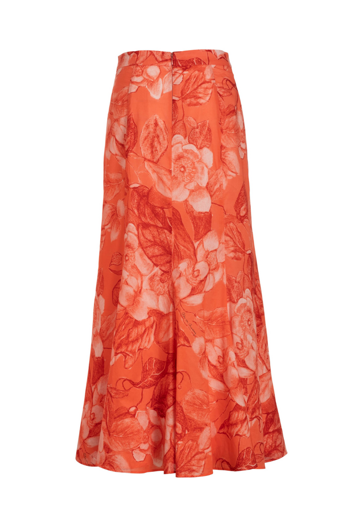 Coral Grandiflora bright red floral cotton voile midi skirt back view