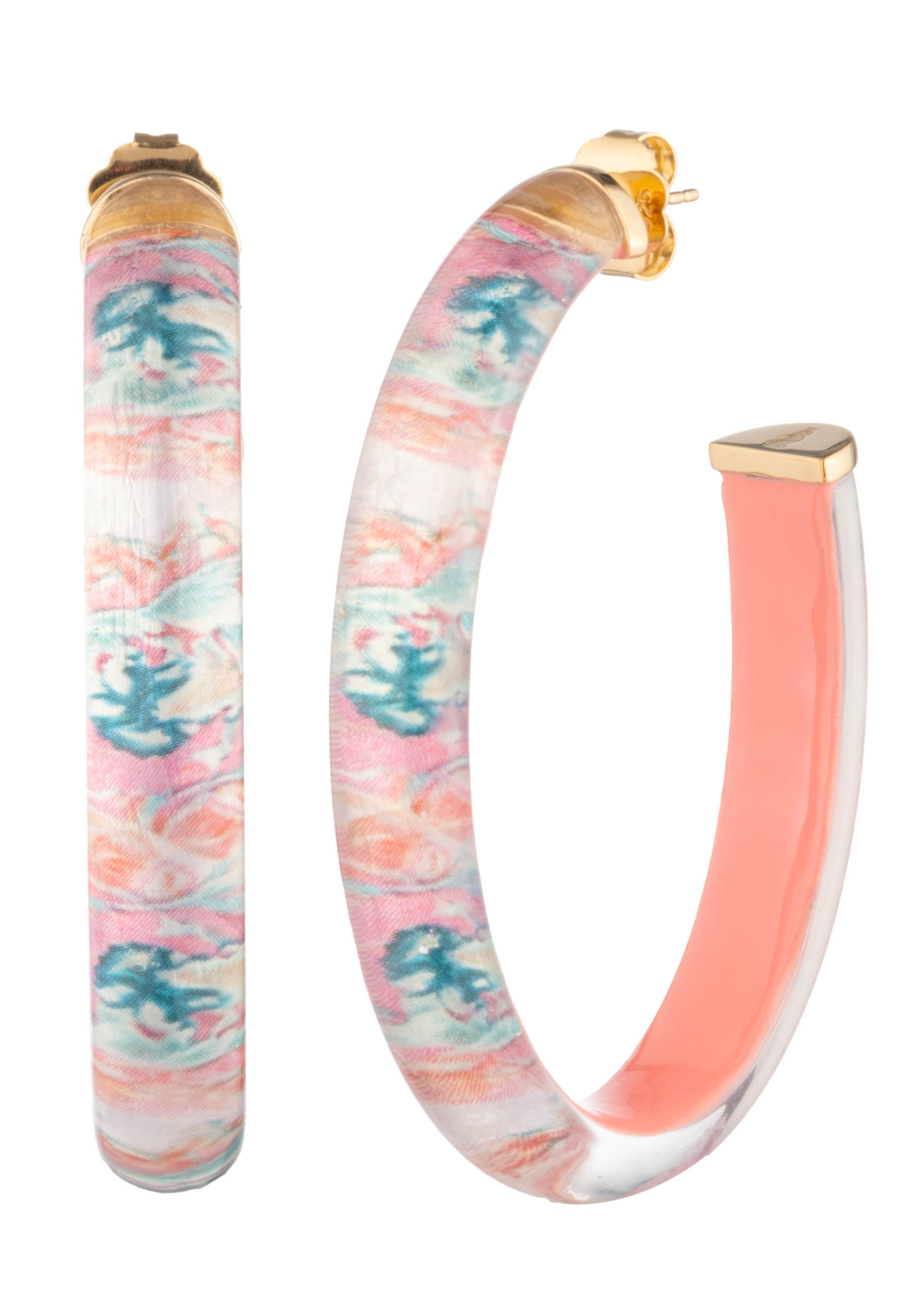 Daiquiri pink floral Lucite large hoop earrings with 14K gold plating