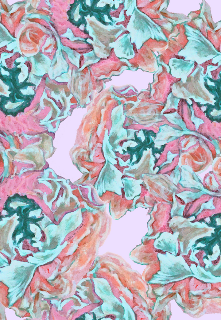 Daiquiri pink and green floral print painted by Ala von Auersperg