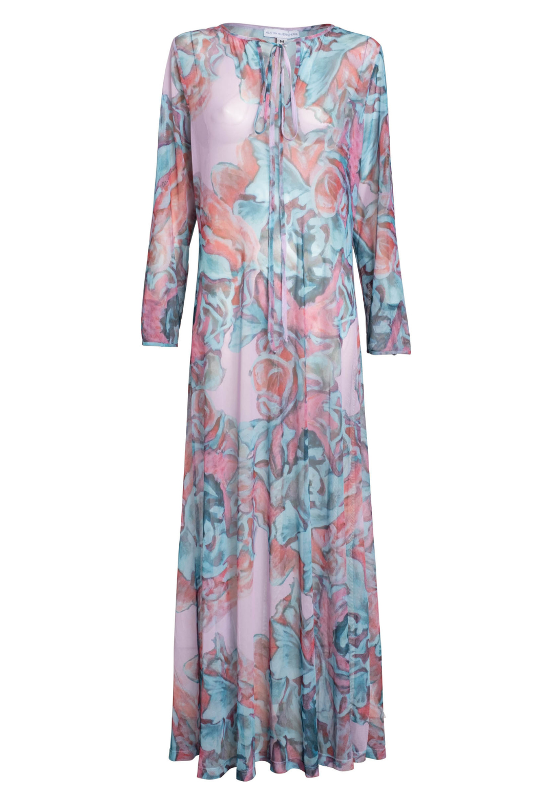 Pink and green floral printed sheer kaftan by Ala von Auersperg