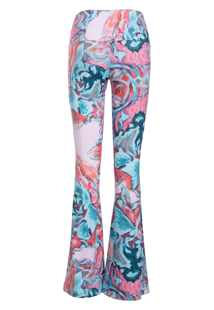 Pink and green floral printed stretch knit pants by Ala von Auersperg