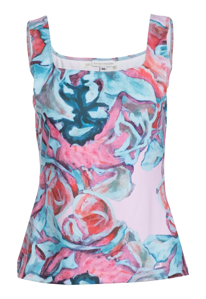 Pink and green floral printed stretch knit tank top by Ala von Auersperg