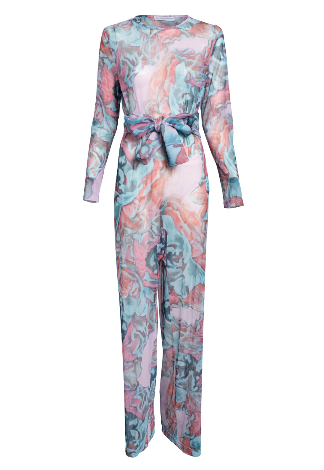 Daiquiri printed sheer mesh jumpsuit with long sleeves