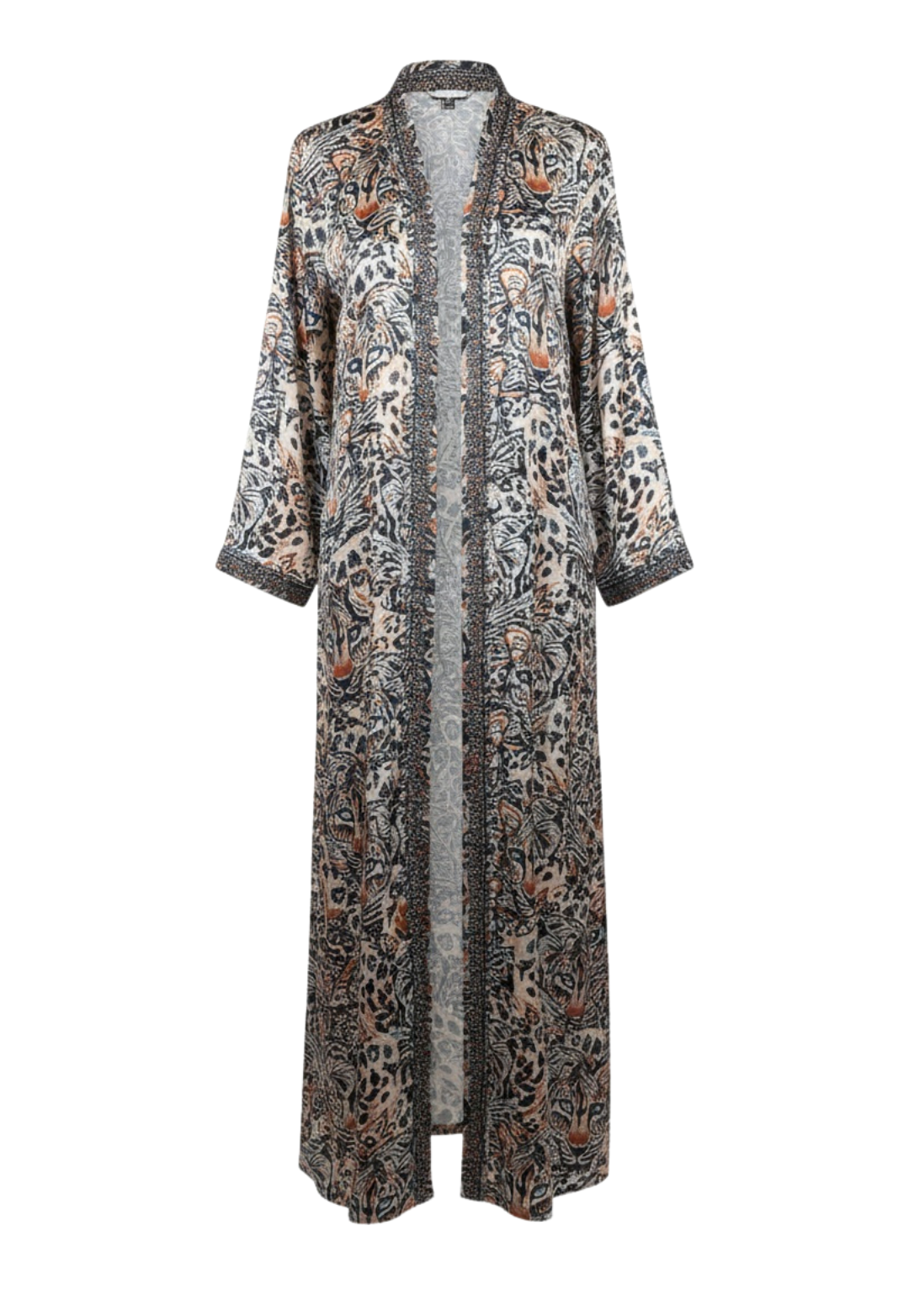 Dana long silk duster featuring Snow Leopard print