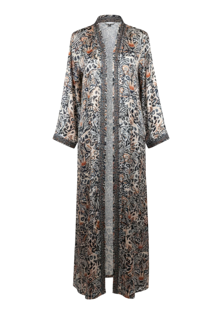 Dana long silk duster featuring Snow Leopard print