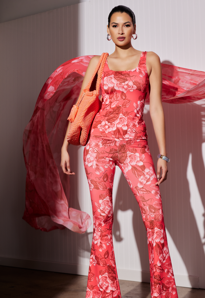 Elaine bright red floral stretch knit flare pants with matching tank top