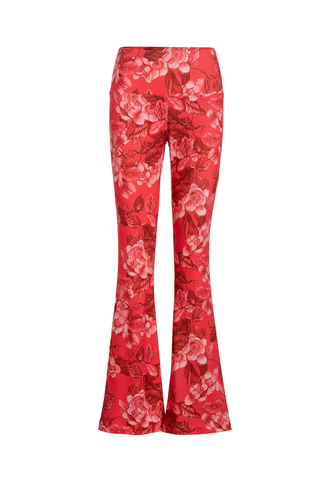 Elaine Coral Grandiflora bright red floral flare pants
