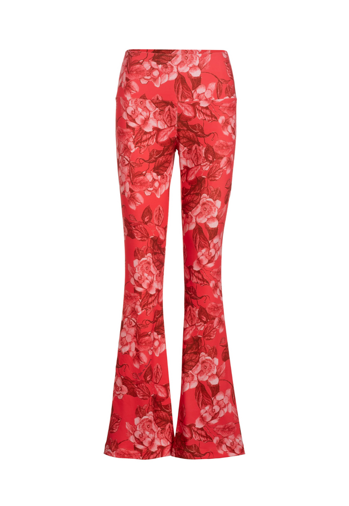 Elaine Coral Grandiflora bright red floral flare pants