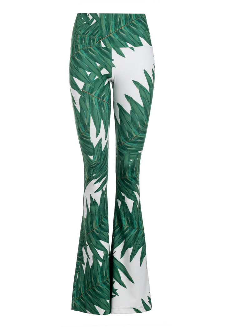 Elaine Stretch Knit Pant in Queen Palm with flowing flared legs