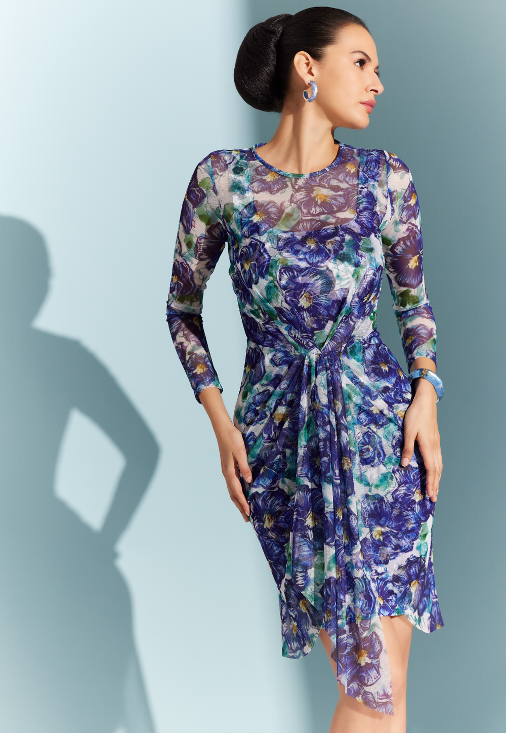 Elise Blue Pansies sheer mesh topper over matching mini dress