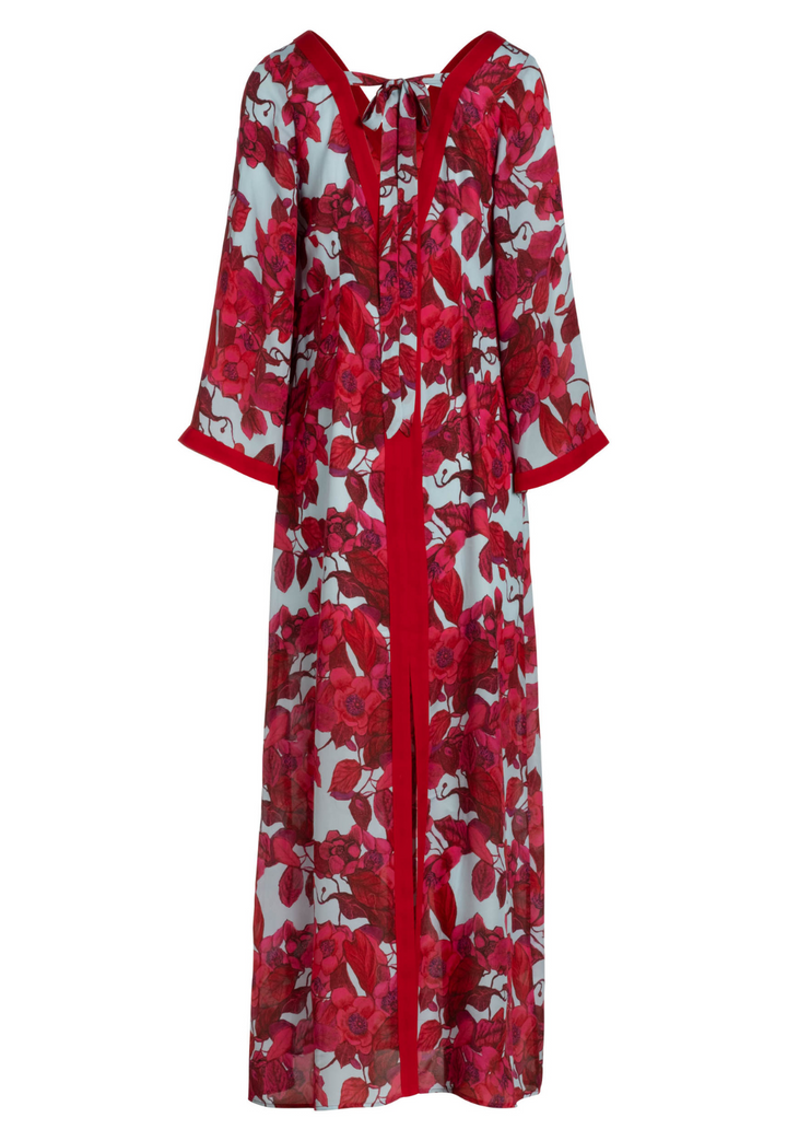 Back view of Estelle red floral silk kaftan with tie detail