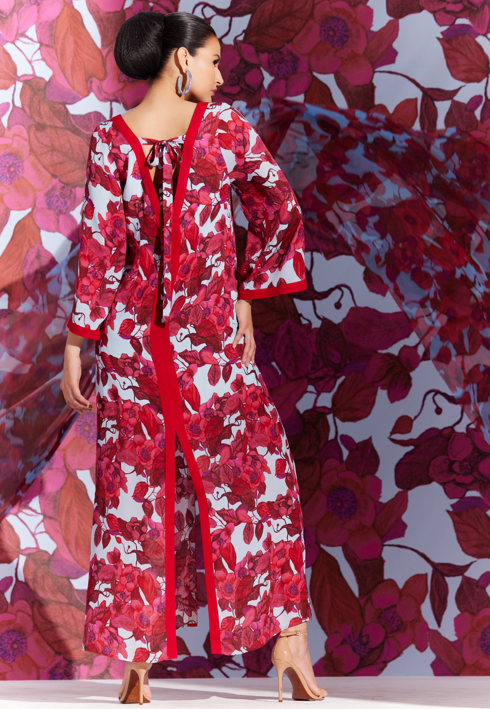 Estelle red floral silk kaftan with V-neckline and tie back