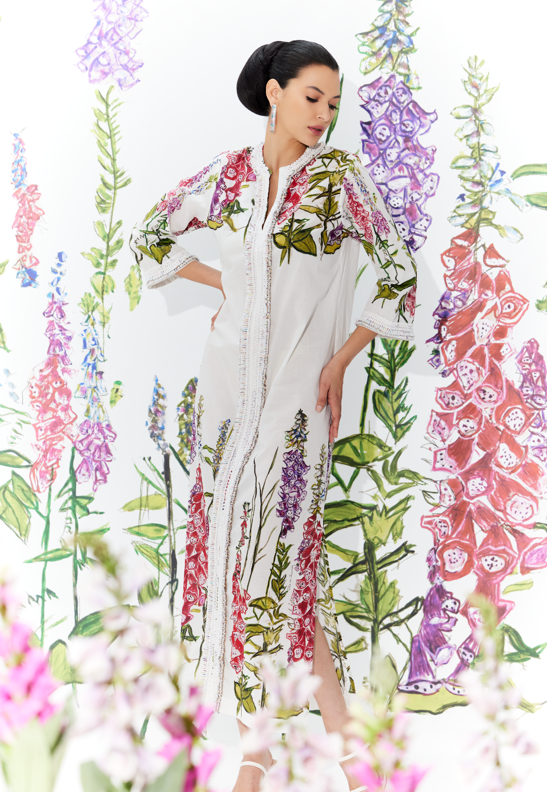 Woman wearing Foxgloves cotton voile kaftan