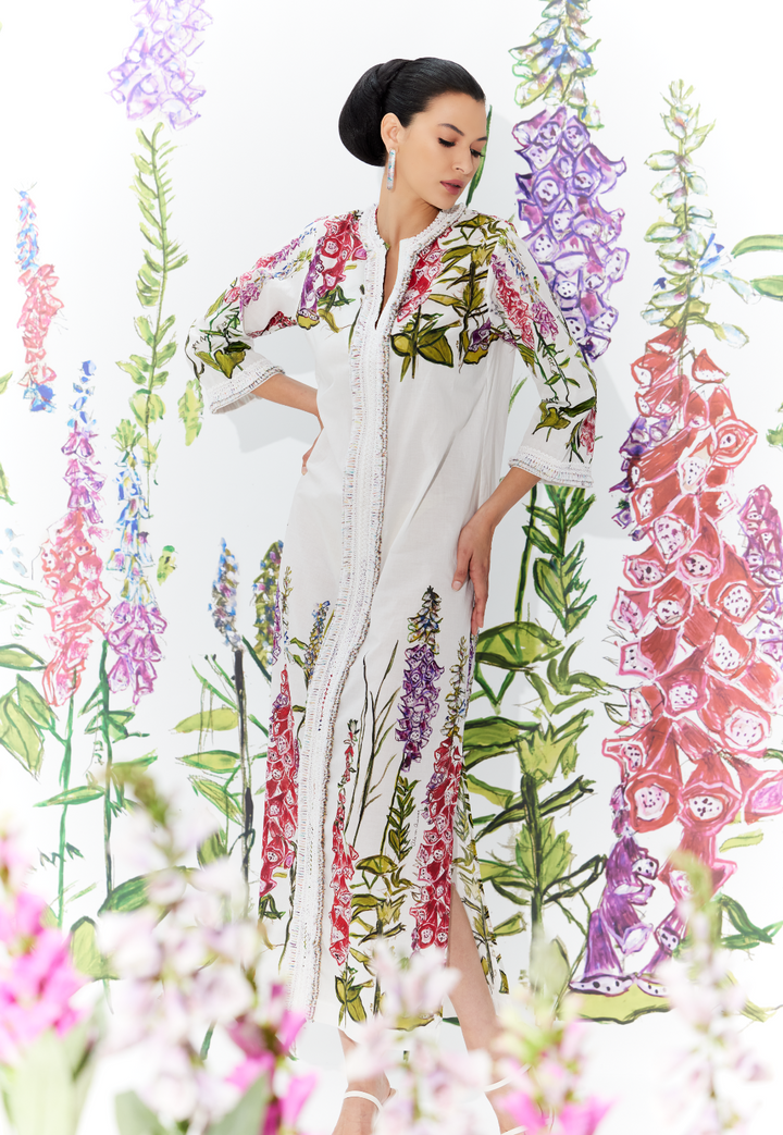 Woman wearing Foxgloves cotton voile kaftan