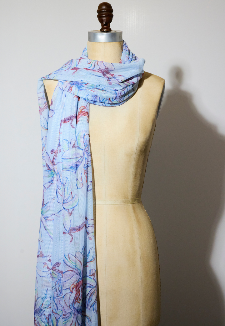 Gala blue floral sheer mesh wrap in Magnolia