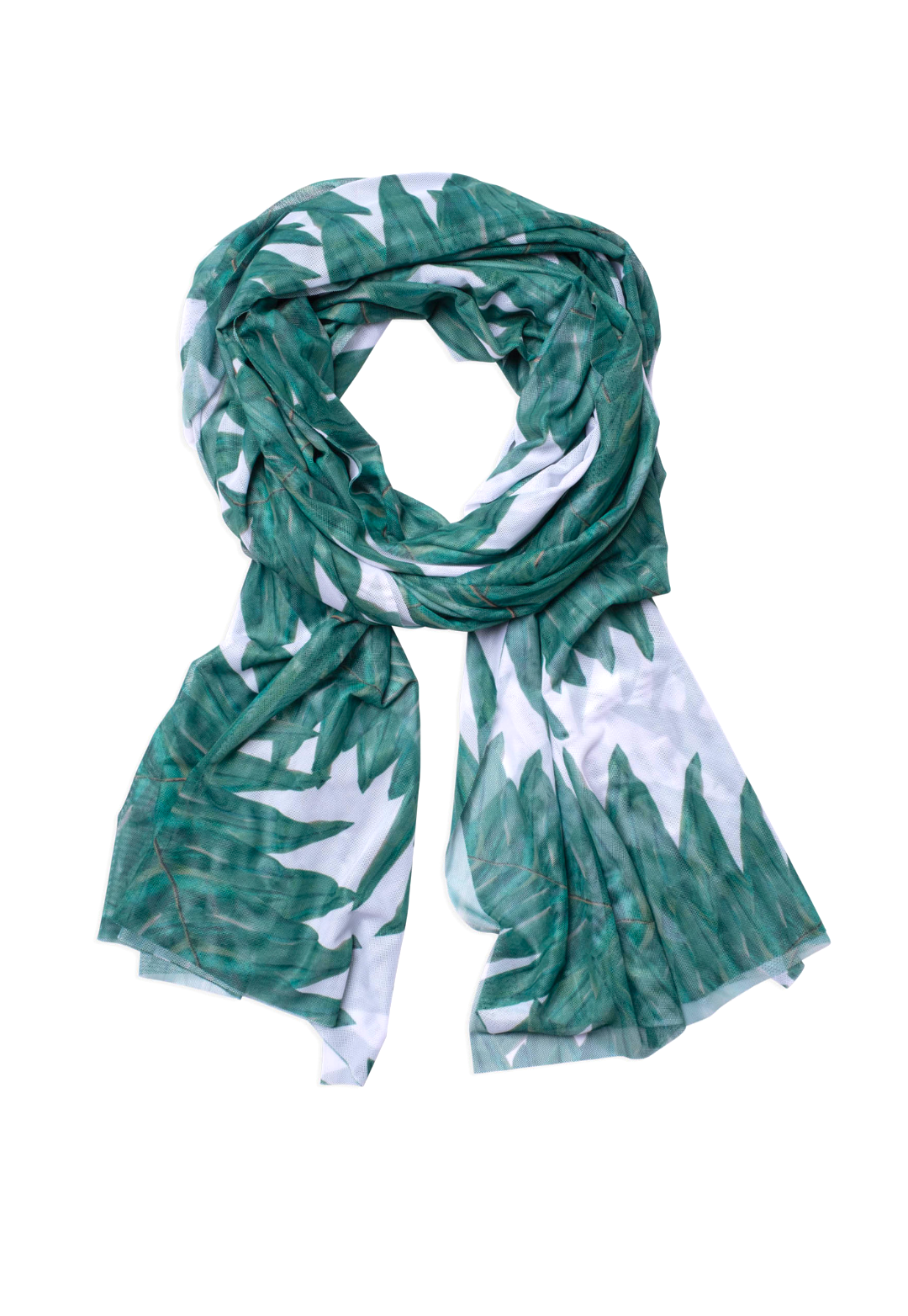 Green palm leaf print sheer mesh shawl for layering over dresses and separates