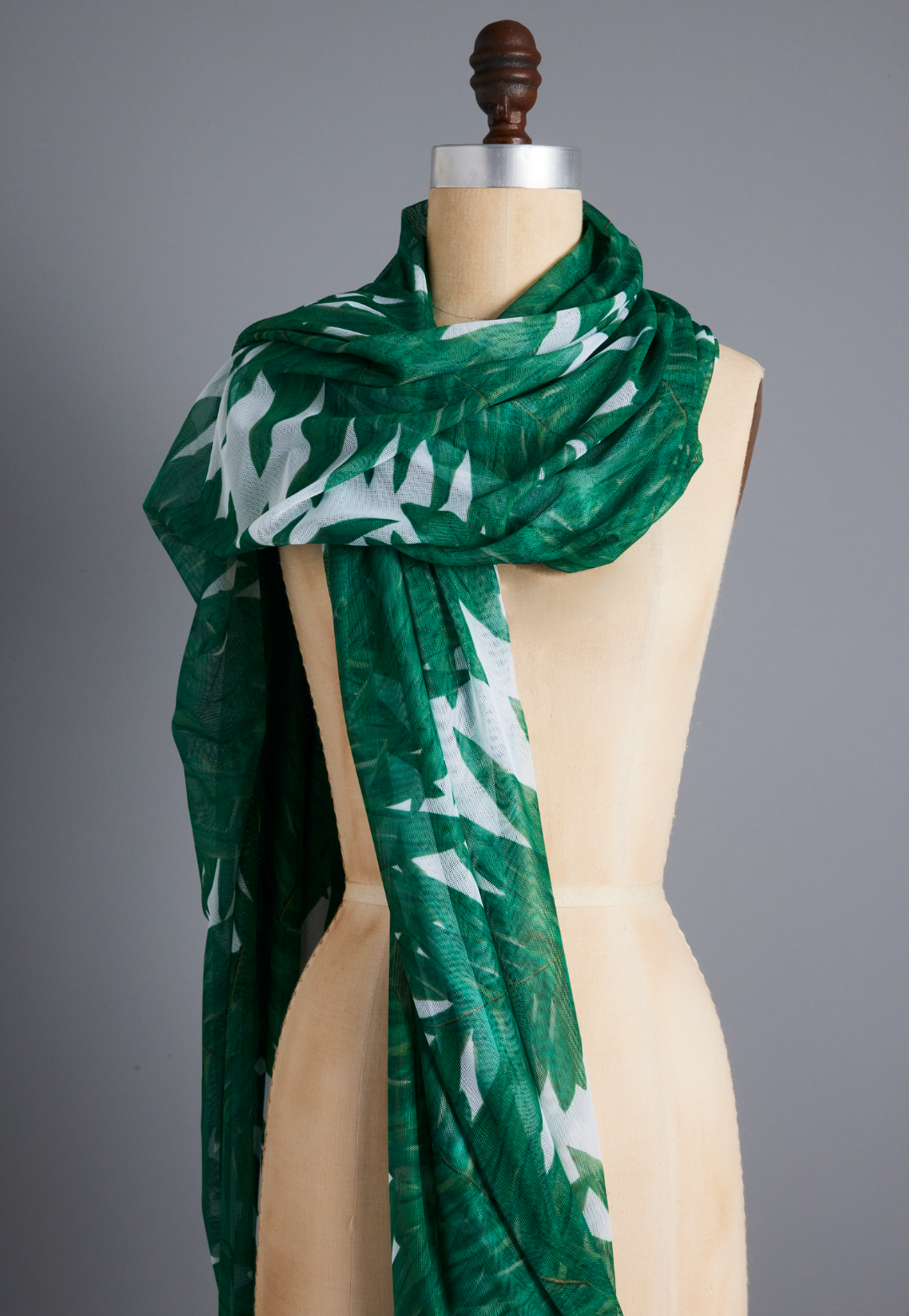 Gala sheer mesh shawl in Queen Palm featuring green palm leaf artwork