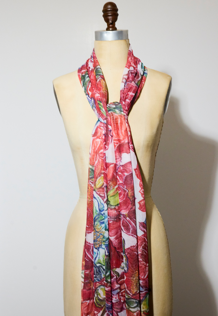 Gala red floral sheer mesh wrap in Red Ranunculus