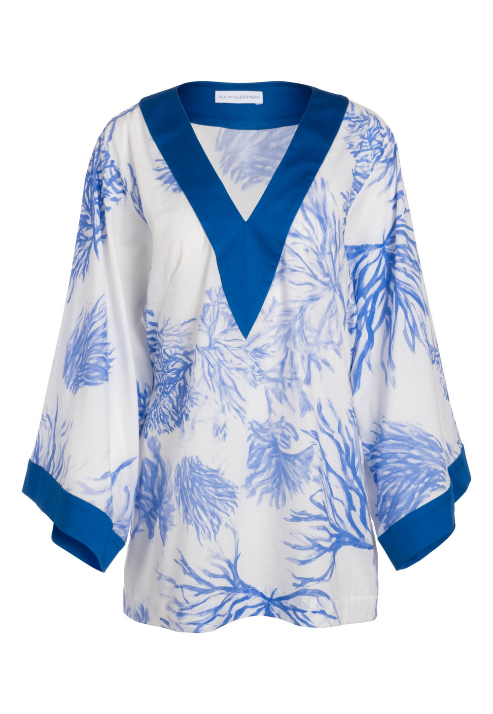 Gena Toile de Reef cotton V-neck tunic with blue silk trim along the neckline and sleeves