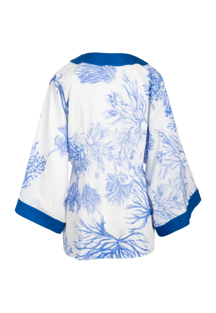 Blue and white nautical print cotton tunic with contrasting blue silk trim