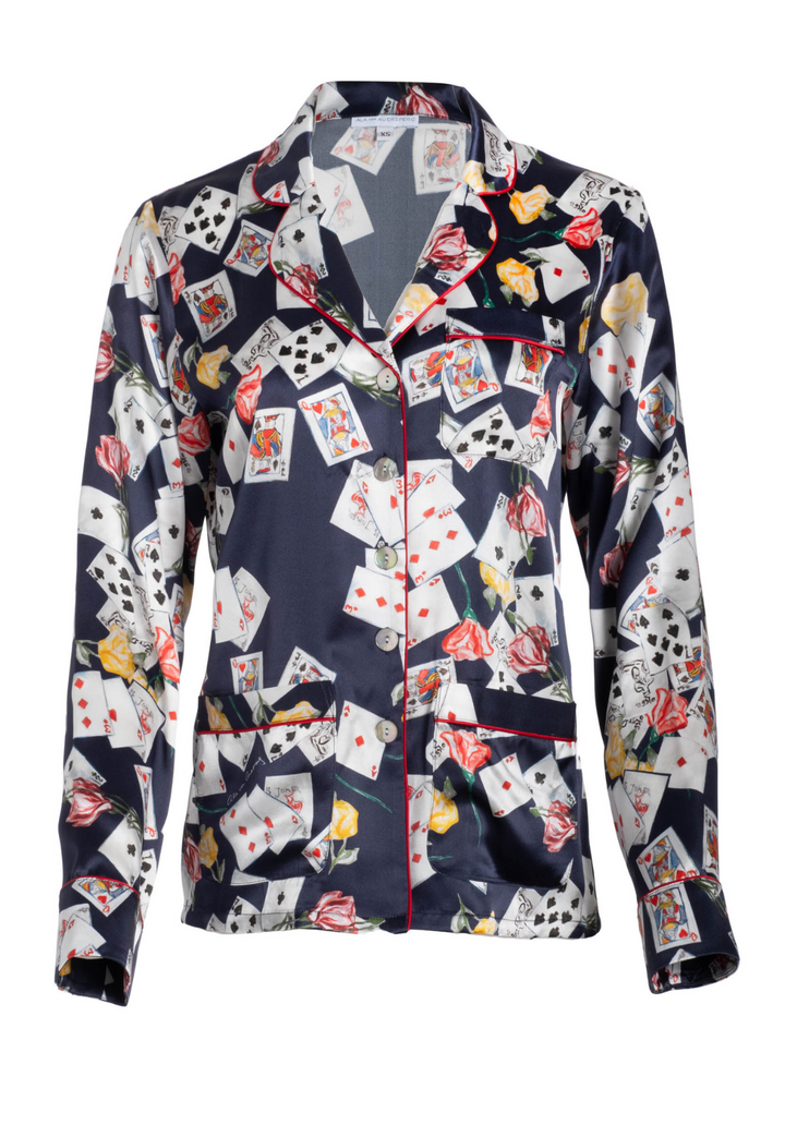 Helen playing card print silk satin pajama top