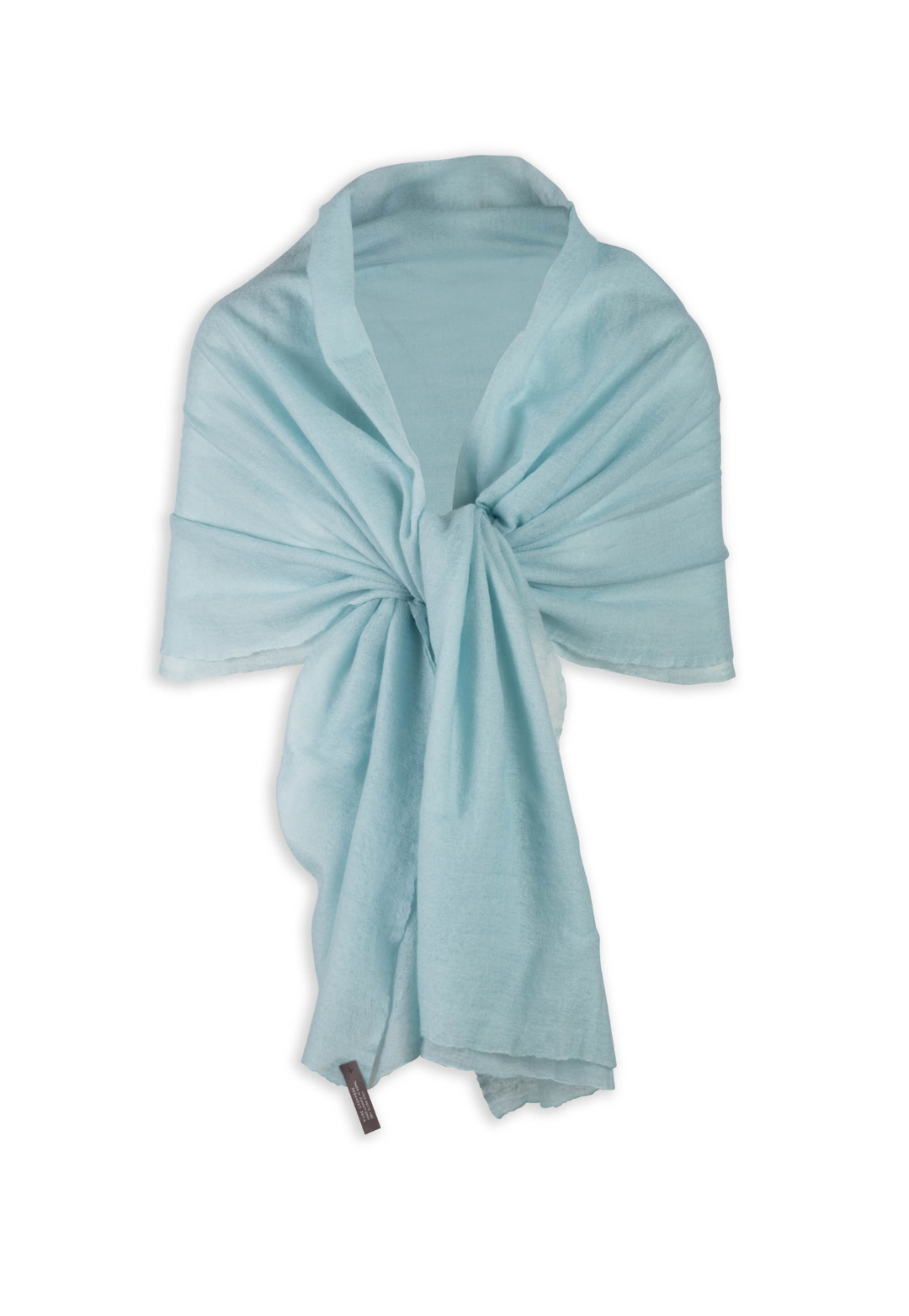Illusion Blue cashmere wrap draped over the shoulders and tied at the front