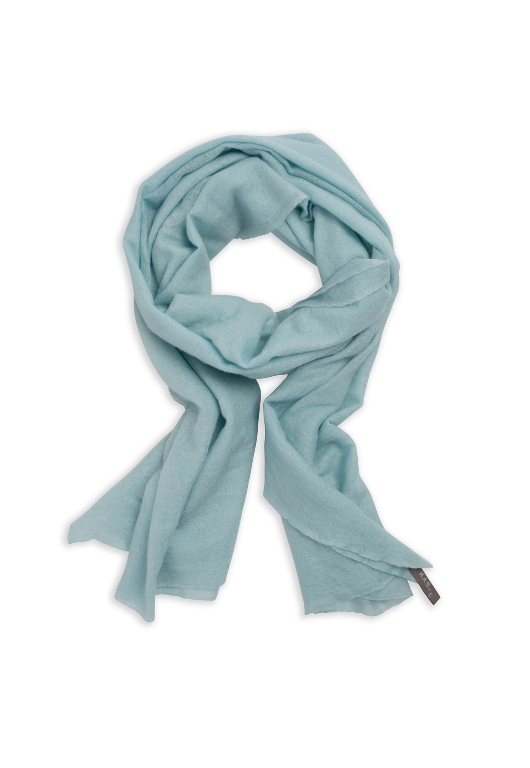 Illusion Blue lightweight cashmere wrap arranged as a long scarf