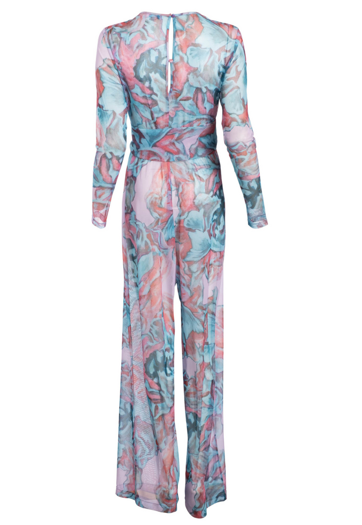 Jackie pink and green floral jumpsuit with organza waist sash