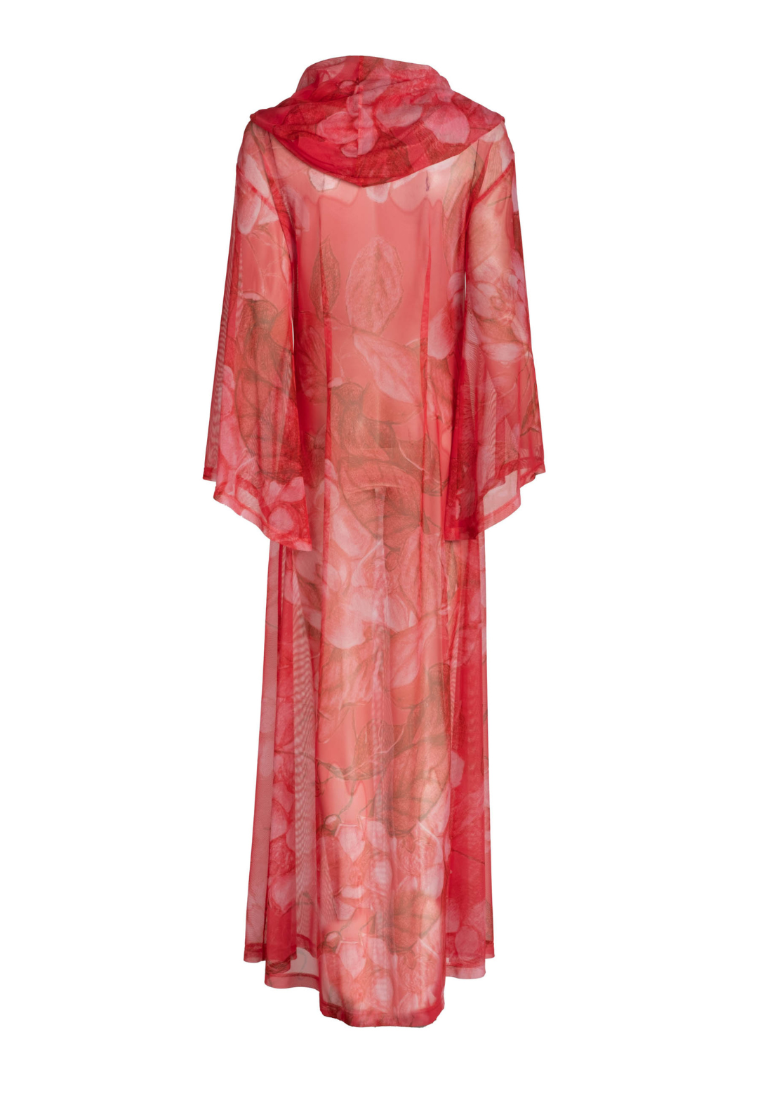 Karla bright red floral sheer mesh hooded gown back view