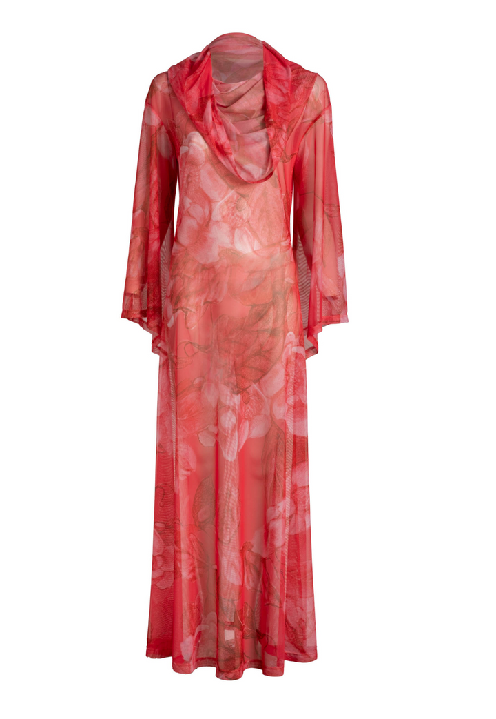 Karla bright red floral sheer mesh hooded gown